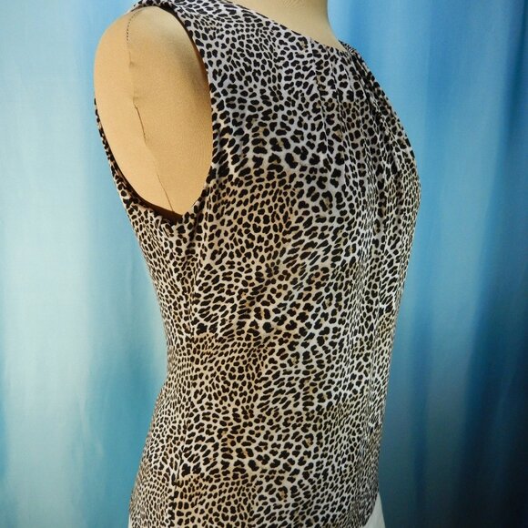Calvin Klein Cheetah Pleated Neck Tan Cream & Brown Sleeveless Career Medium EUC - Picture 6 of 11